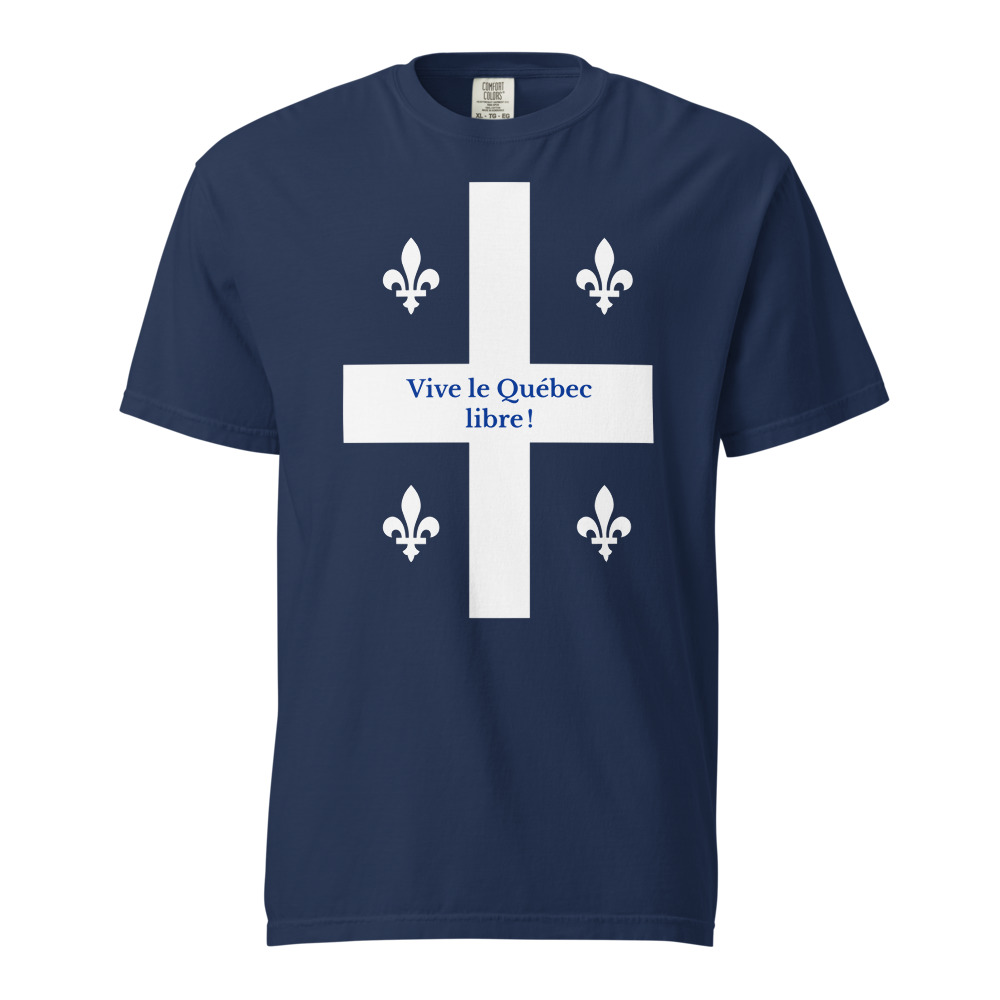 Tee Napoléon, marine, croix blanche et Vive le Québec libre.